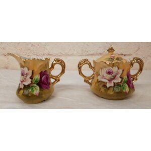 Vintage Lefton China Lidded Sugar Dish & Creamer Set #1867 Taupe Gold Rose